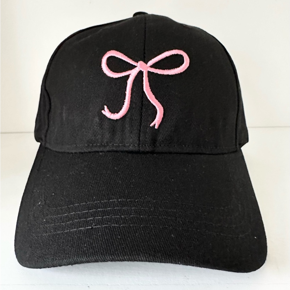 Black w Pink Bow Baseball Cap Hat Aesthetic Coquette Girly
